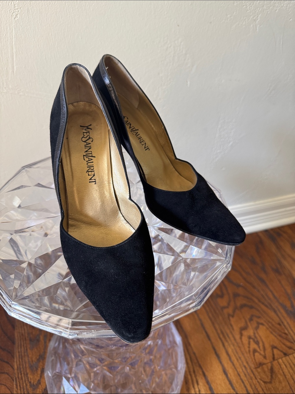 Yves Saint Laurent Black Suede Pointed Pumps with Gold Lining
